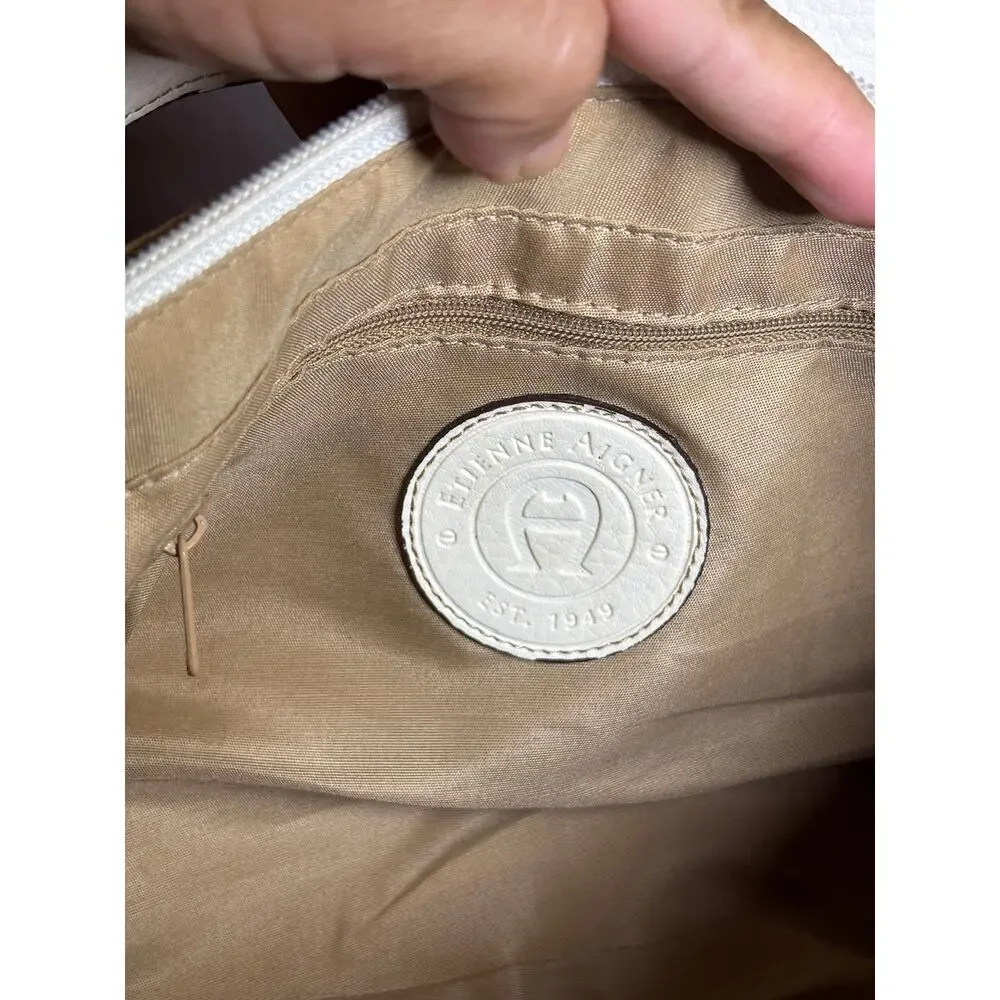 Etienne Aigner White and Tan Textile Woven Shoulder Bag